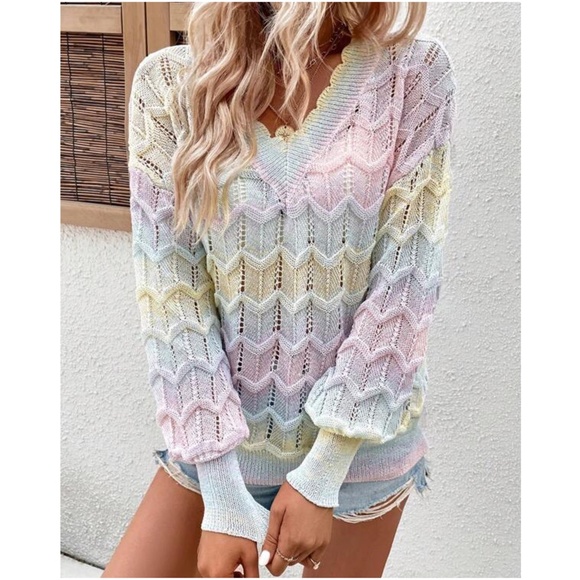 Cozy Pastel Colorblock V Neck Oversized Sweater Top - Picture 1 of 6